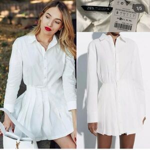 Zara White Pleated Mini Shirt Dress